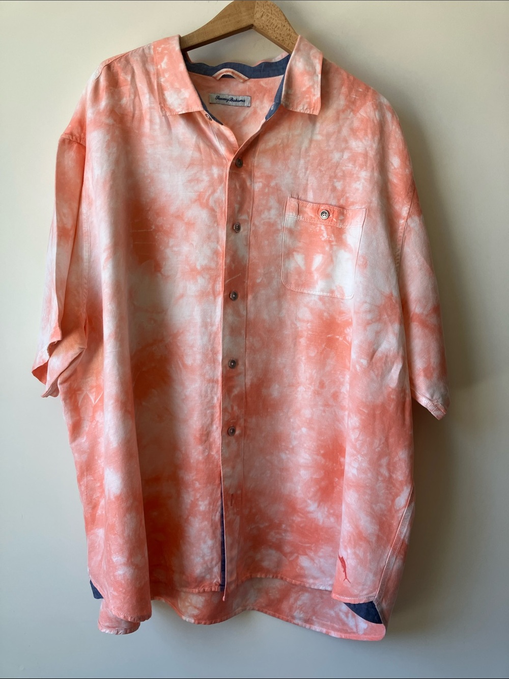 TOMMY BAHAMA Poolside Coral Pink Tie-Dye Linen-Blend Camp Shirt Men’s 2XL
